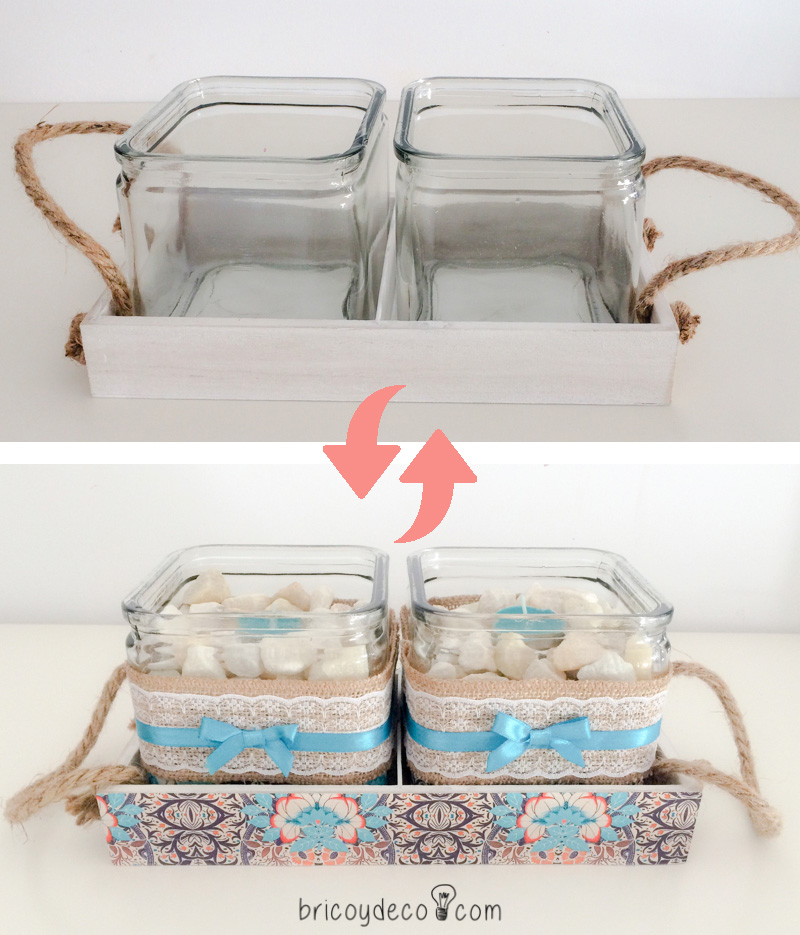 before and after decorating glass and wood with decoupage