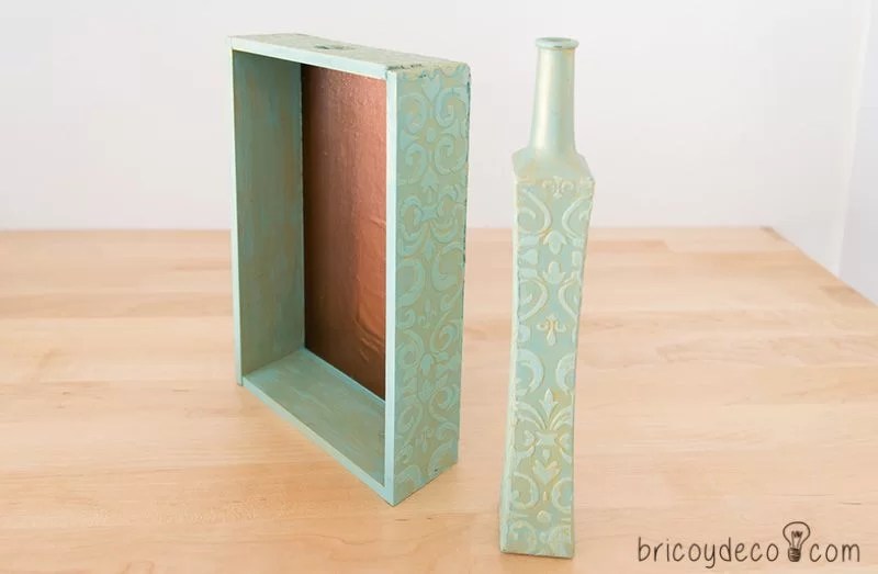 box and bottle decorated with stencil with relief paste