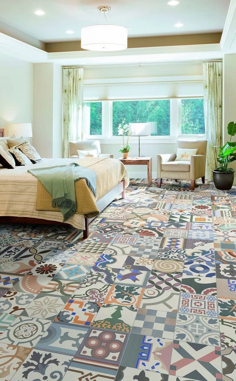 decorate the bedroom with hydraulic tiles