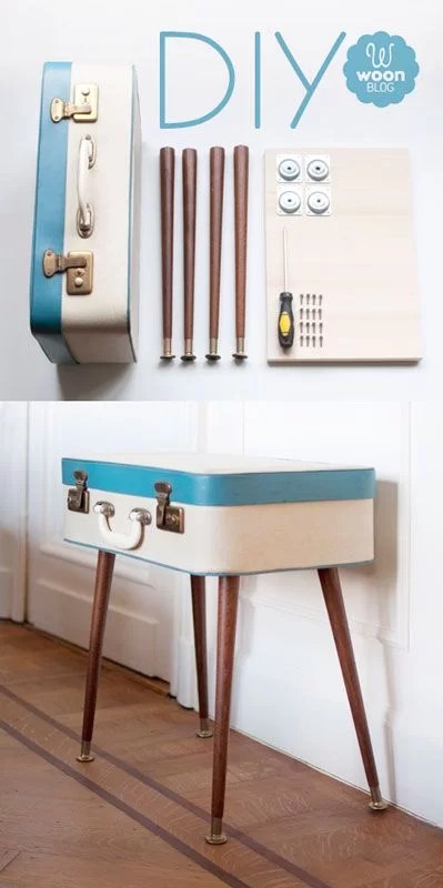 decorate with suitcases and recycle on a side table
