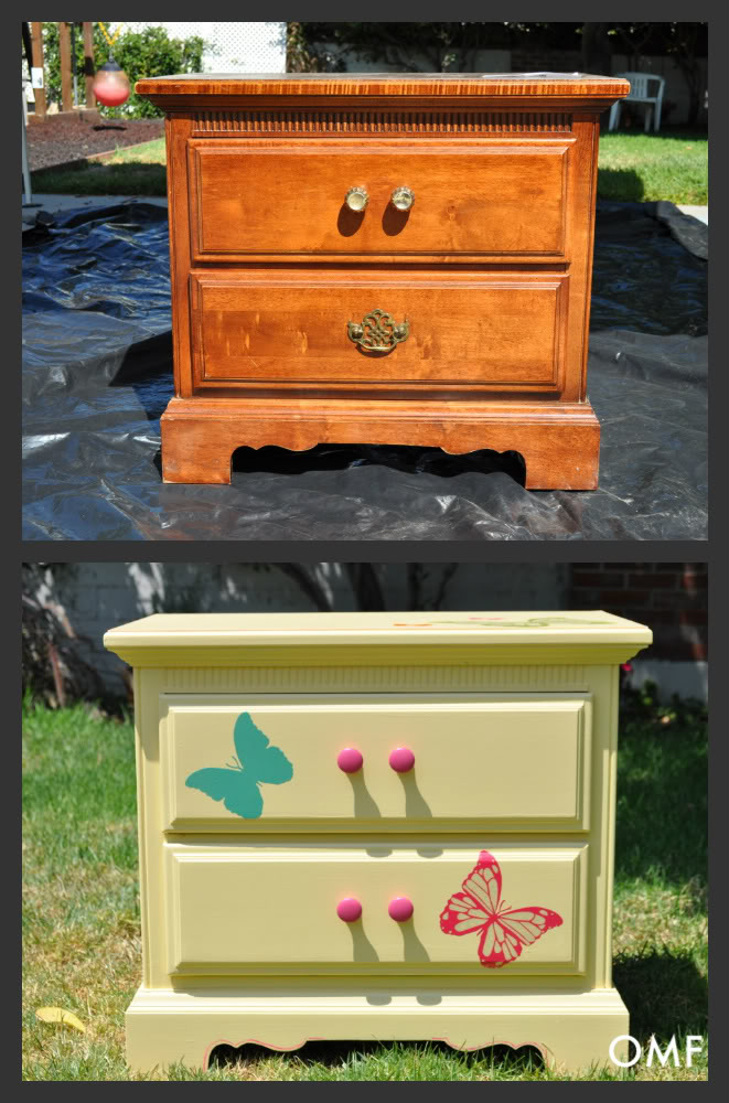 before and after decorating a piece of furniture with vinyl 