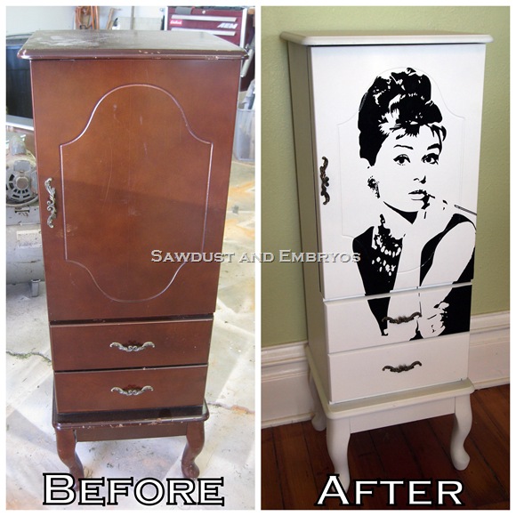 before and after a piece of furniture decorated with self-adhesive vinyl