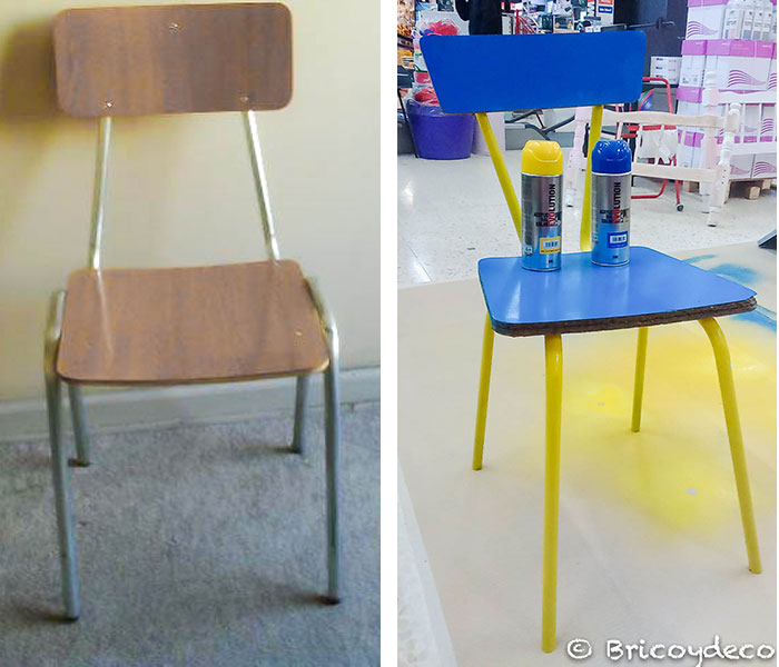 before and after spray painting a chair