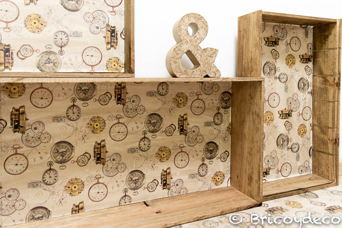 recycled wooden boxes on shelves