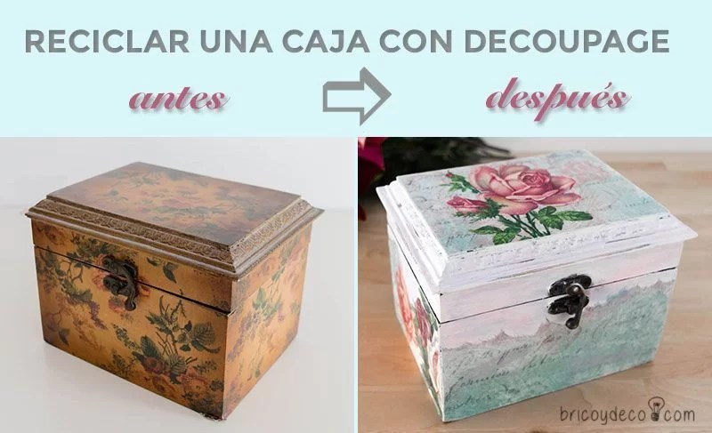 before and after recycling a box with decoupage